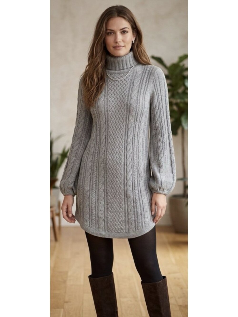 New Free People Gray Cable Knit Turtle Neck Boho Mini Sweater Dress